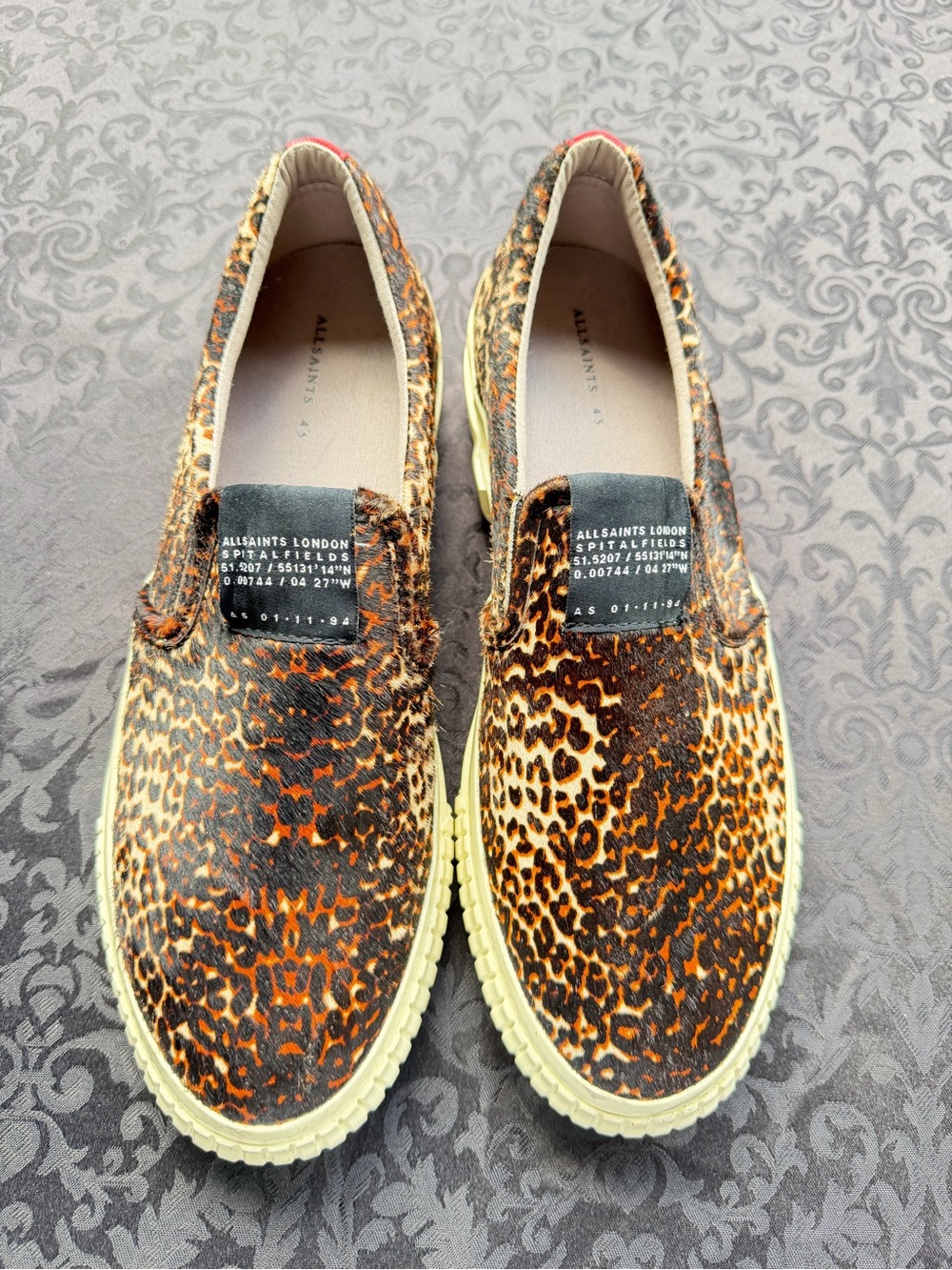 AllSaints London Leopard Print Calf Hair Slip On Sneakers EU 45 US 12 Rare